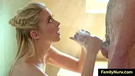 Blonde teen's oiled ass cum-covered after nuru massage doggystyle