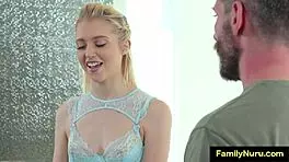 Blonde teen's oiled ass cum-covered after nuru massage doggystyle