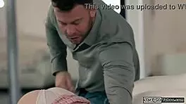 Petite blonde teen with shaved pussy gets dominated spanked and facefucked roughly by older man