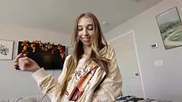 naughty little babe breezy bri teases with her tight pussy and big tits before riding pov