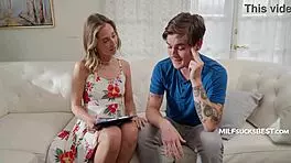 innocent blonde wife sneaks sloppy blowjob on young babysitter's throbbing cock behind hubby's back.