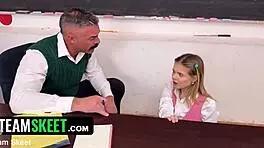 teacher's petite pet bent over desk for rough hairy pussy lesson