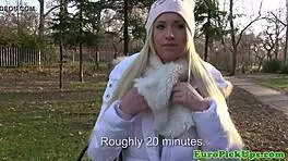 Amateur blonde neighbor flashes tits outdoors then fucks for cash in public reality pov