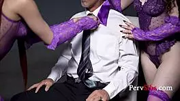 blindfolded older guy surprised by threesome pounding from eager young amateurs