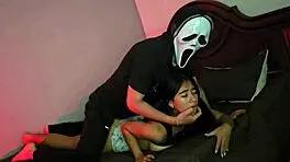 trick or treat on halloween with my hot ghostface roommate in costume