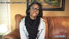 Nerdy brunette's ass and shaved pussy banged hard interracial with cum swallow