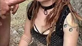 nerdy redhead drools sloppy on huge cock in festival outfit