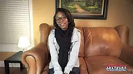 Nerdy brunette's ass and shaved pussy banged hard interracial with cum swallow