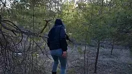 brunette college babe deepthroats stranger's cock then rides cowgirl moaning wildly outdoors