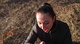 brunette college babe deepthroats stranger's cock then rides cowgirl moaning wildly outdoors