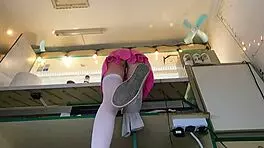 Super slim 18-year-old teases in pear thong braless outdoors