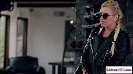 Blonde cop joins horny lesbian duo for steamy threesome office lickfest