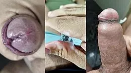 My small foreskin cock spurts best while she cums on her wet pussy and tits