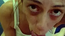 petite candie cross gags on cock in sloppy face fuck pov