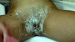 trimmer and razor shave hairy pussy smooth in juicy closeup