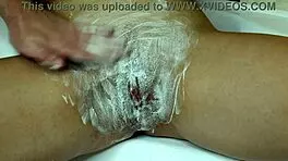 trimmer and razor shave hairy pussy smooth in juicy closeup