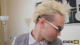 sexy brunette funky town takes a rough cock pounding right in front of her watching husband on the sofa