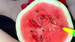 arab teen stuffs watermelon in tight pussy squirting