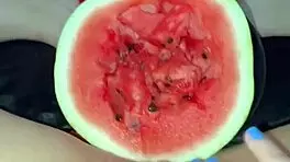 arab teen stuffs watermelon in tight pussy squirting