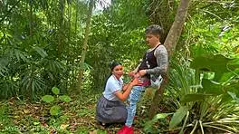 mexican petite student in uniform blows stranger outdoors for public orgasm