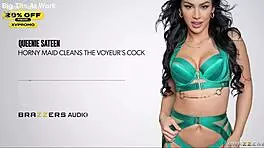 Horny maid queenie sateen worships voyeur's throbbing cock intimately