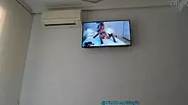 milf watches her lesbian porn vid while toying shaved pussy in female pov ecstasy