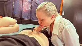 Milf catches guy stroking and joins for sloppy deepthroat action