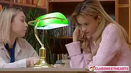 in the library, sweethearts ignite lesbian lust with wet licks and scissoring