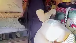 Petite exotic brunette with long hair does afternoon STRIP TEASE ripping clothes in stockings teasing small tits ass