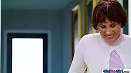 mature milf grabs her strapon ready for intense lesbian fingering and licking action