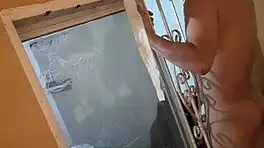 dad steps out but she sneaks lover in for wild window fuck
