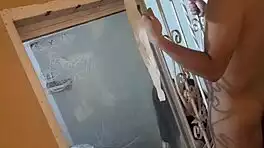 dad steps out but she sneaks lover in for wild window fuck