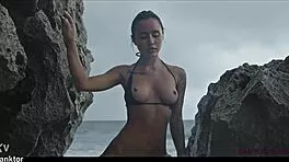 Skinny asian babe fingers herself nude on crowded beach