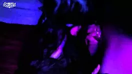 Masked goth petite teases with sloppy red lip blowjob