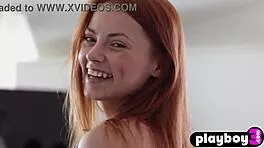 petite redhead babe strips to reveal perfect nude body teasing