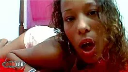 Small ebony babe gropes small tits and masturbates with toys on webcam