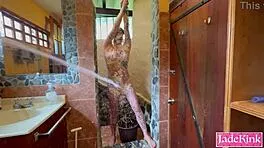 submissive slut bound in bathroom takes rough foam punishment