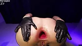 Brunette Fishnets Glasses Fists Huge Gaping Asshole Doggy Close-Up