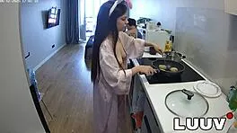 sexy brunette girlfriend flashes natural tits topless cooking homemade dinner