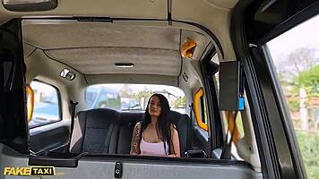 Fake taxi - young 18+ brunette with big tits in tight dress rides me hard before her date, givin’ a sloppy blowjob till I bust!