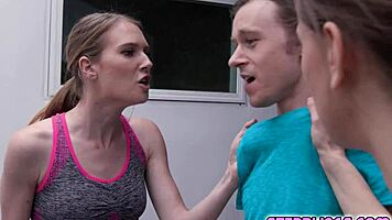 Sexy stepsiblings whip out the stud's rod and share it giving him a slobbery blowjob