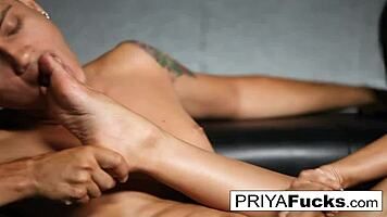 Can you believe Priya Rai fucks a hung young stud then gives him a foot job until he cums?