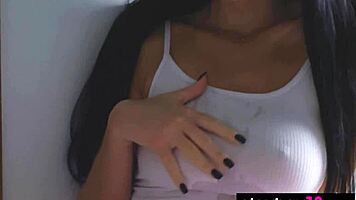 Skinny teen Simone bares massive tits in sauna